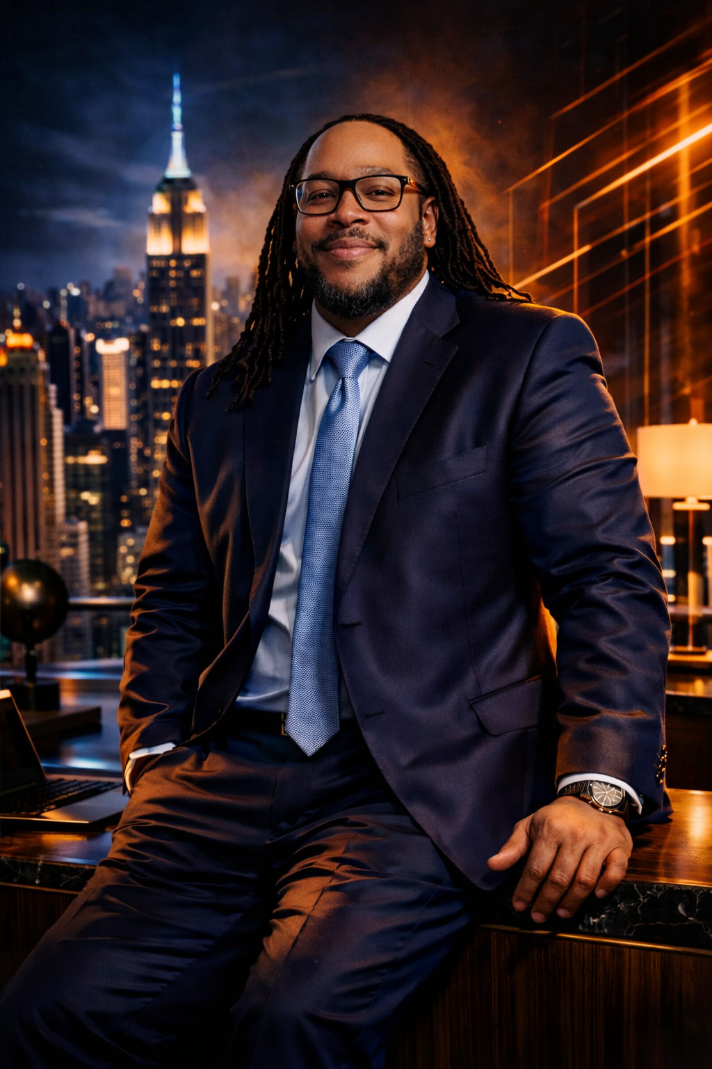 Stylized image of Maurice W. Evans leaning on desk in an office