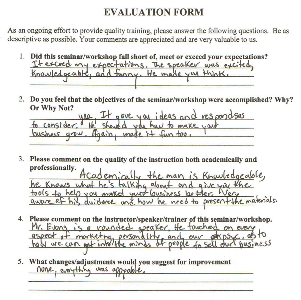 Handwritten audience feedback after Maurice Evans speaking engagement