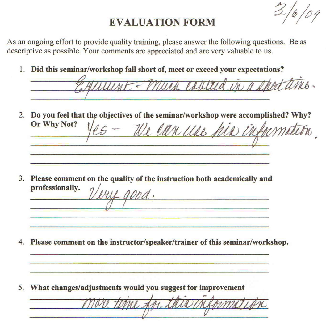 Handwritten audience feedback after Maurice Evans speaking engagement