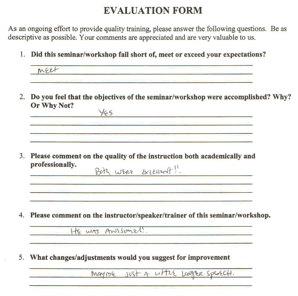 Handwritten audience feedback after Maurice Evans speaking engagement