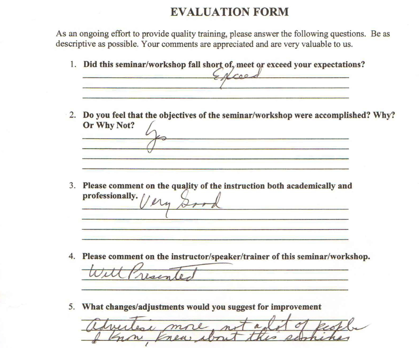 Handwritten audience feedback after Maurice Evans speaking engagement