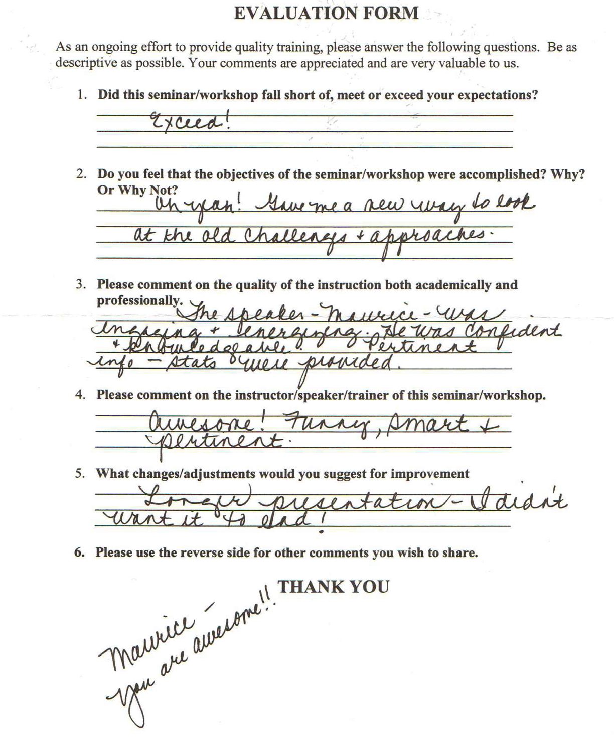 Handwritten audience feedback after Maurice Evans speaking engagement