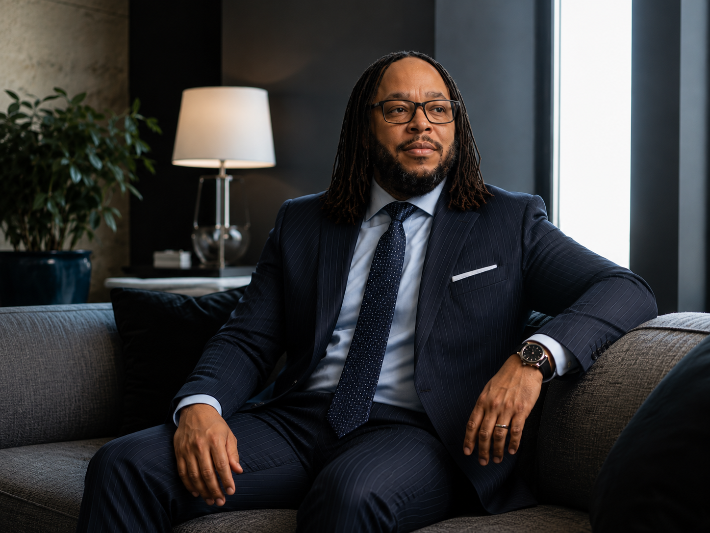 Maurice W. Evans sitting on couch